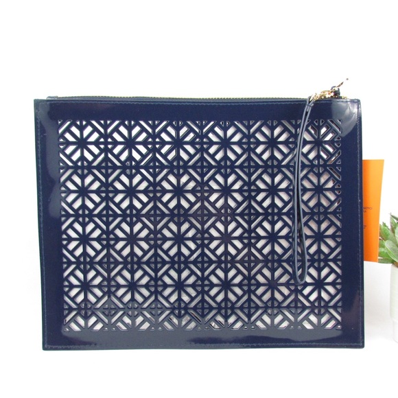 NWT Tory Burch Blue PVC Pouch with Geometric Cut-Outs - Picture 1 of 6